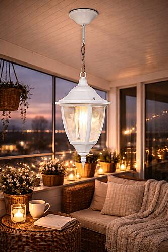 Altıgen Zincirli Fener Bahçe Aydınlatma Tavan Armatürü BEYAZ - 1