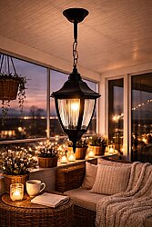 Altıgen Zincirli Fener Bahçe Aydınlatma Tavan Armatürü SİYAH - 1