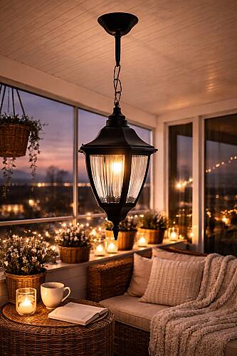 Altıgen Zincirli Fener Bahçe Aydınlatma Tavan Armatürü SİYAH - 1