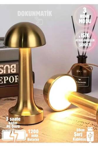 Dekoratif Dokunmatik 3 Farklı Renk Seçenekli Mantar Masa Lambası Gold - 2