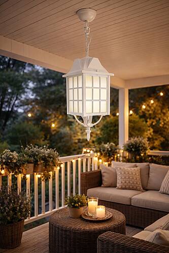 Kafesli Zincirli Fener Bahçe Aydınlatma Armatürü Beyaz - 1