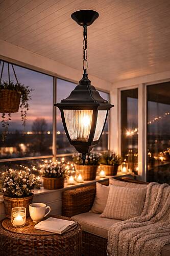 Kare Zincirli Fener Bahçe Aydınlatma Tavan Armatürü SİYAH - 1