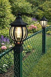 Panel Çim Çit Kare Tabanlı Sekizgen Direk Üstü Bahçe Armatürü Siyah