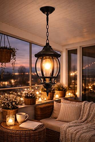 Sekizgen Zincirli Fener Bahçe Aydınlatma Armatürü SİYAH - 1